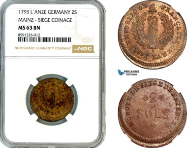 AM304, Germany, Mainz, Frederick Charles Joseph, 2 Sols 1793 L’AN 2, Siege Coinage, NGC MS63BN