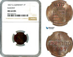 AM305, Germany, Saxony, Frederick Augustus II, 1 Pfennig 1837 G, Dresden Mint, NGC MS64BN