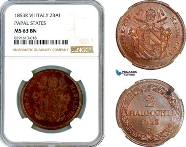 AM306, Italy, Papal States, Pius IX, 2 Baiocchi 1853 R, Rome Mint, NGC MS63BN