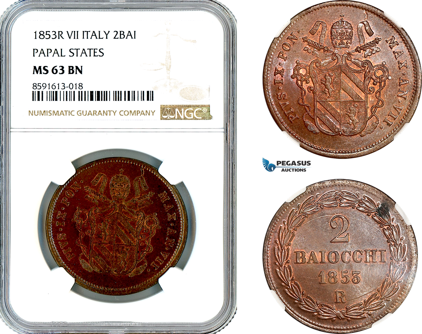 AM306, Italy, Papal States, Pius IX, 2 Baiocchi 1853 R, Rome Mint, NGC MS63BN