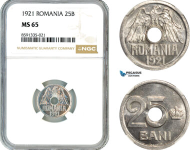 AM308, Romania, Ferdinand, 25 Bani 1921, Huguenin Mint, NGC MS65