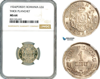 AM309, Romania, Ferdinand, 1 Leu 1924, Poissy Mint, Thick Planchet, NGC MS64
