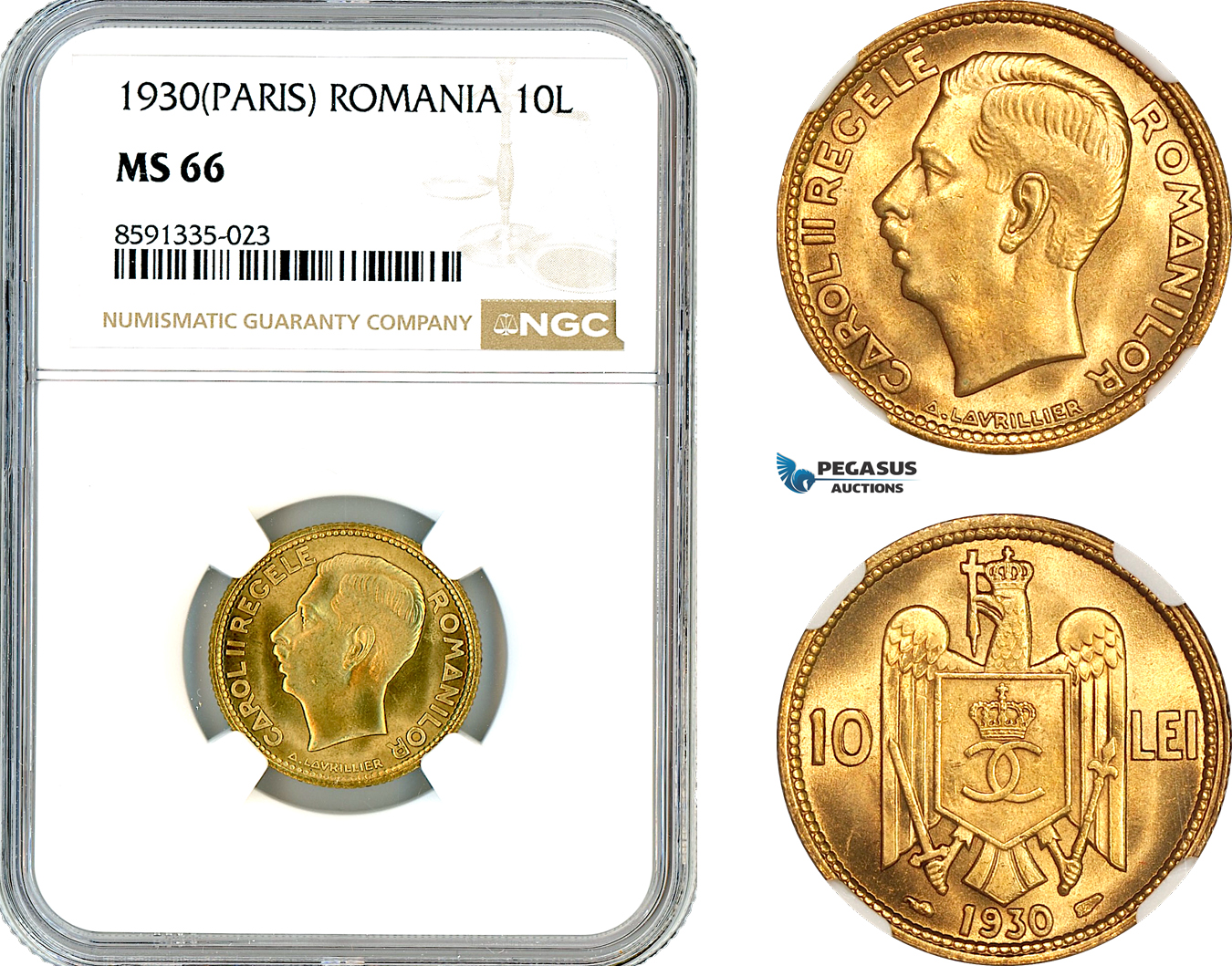 AM312, Romania, Carol II, 10 Lei 1930, Paris Mint, NGC MS66