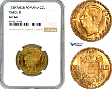 AM313, Romania, Carol II, 20 Lei 1930, Paris Mint, NGC MS64