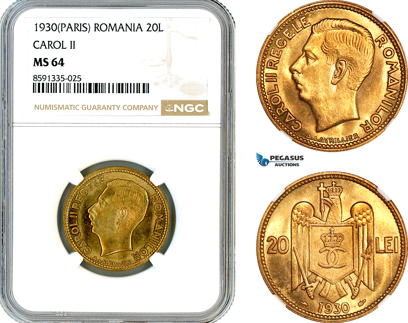 AM313, Romania, Carol II, 20 Lei 1930, Paris Mint, NGC MS64