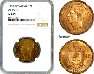 AM314, Romania, Carol II, 20 Lei 1930 H, Heaton Mint, NGC MS65