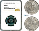 AM315, Romania, Mihai I, 20 Lei 1942, Bucharest Mint, NGC MS63