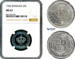 AM316, Romania, Mihai I, 20 Lei 1942, Bucharest Mint, NGC MS63