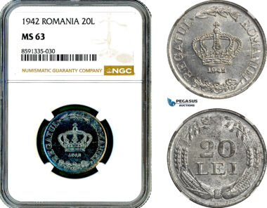 AM316, Romania, Mihai I, 20 Lei 1942, Bucharest Mint, NGC MS63