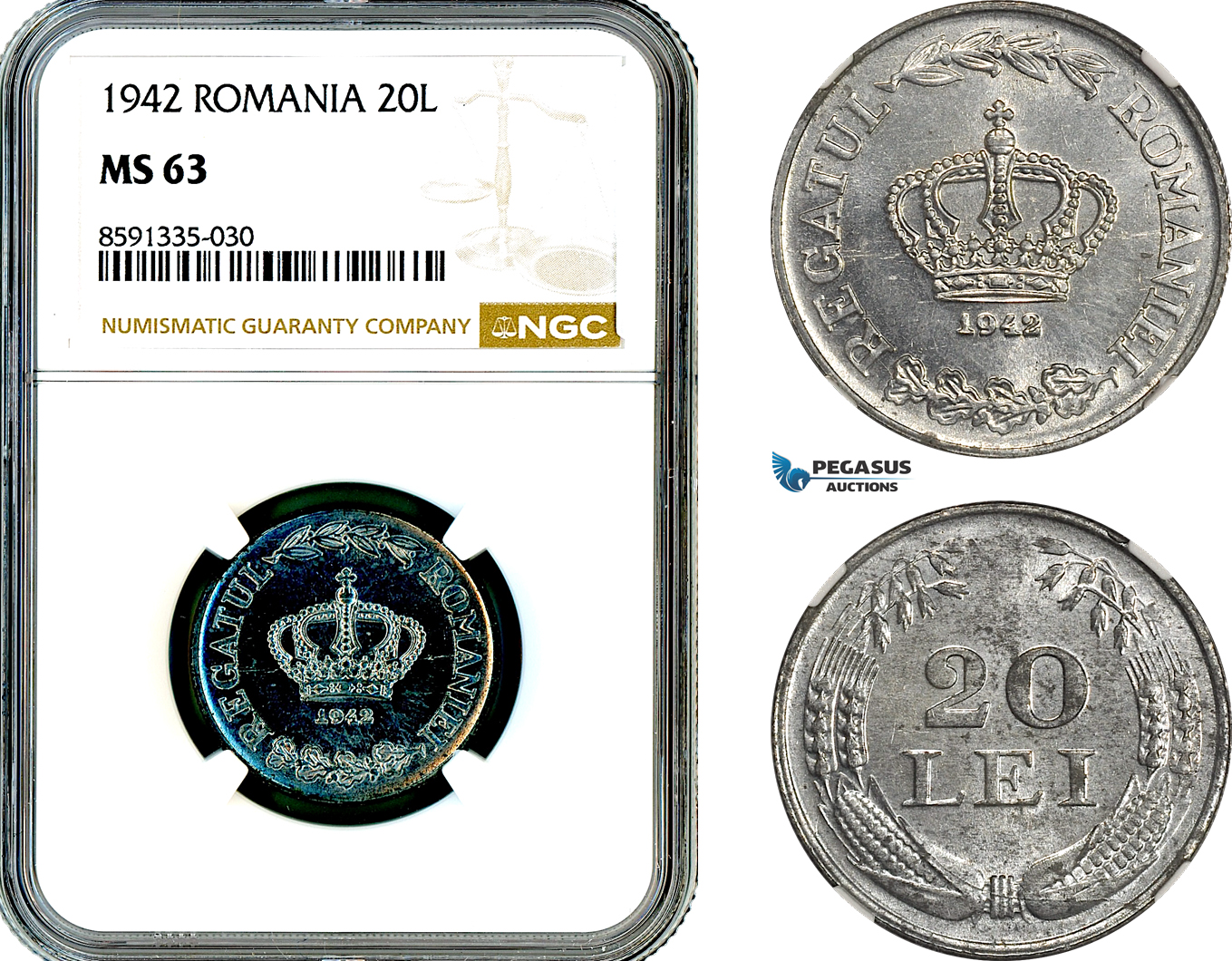 AM316, Romania, Mihai I, 20 Lei 1942, Bucharest Mint, NGC MS63
