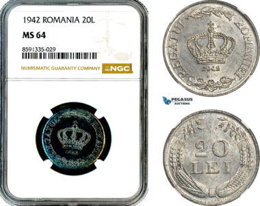 AM317, Romania, Mihai I, 20 Lei 1942, Bucharest Mint, NGC MS64