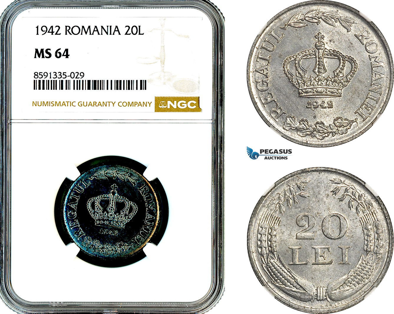 AM317, Romania, Mihai I, 20 Lei 1942, Bucharest Mint, NGC MS64