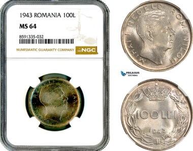 AM318, Romania, Mihai I, 100 Lei 1943, Bucharest Mint, NGC MS64