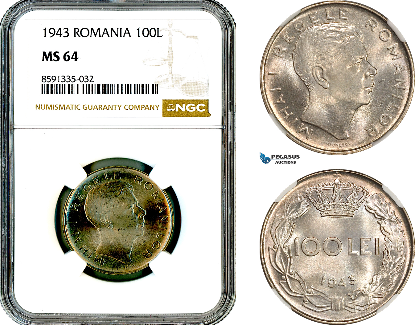AM318, Romania, Mihai I, 100 Lei 1943, Bucharest Mint, NGC MS64