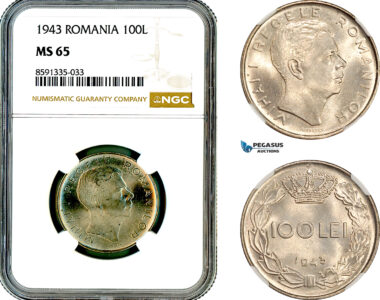 AM319, Romania, Mihai I, 100 Lei 1943, Bucharest Mint, NGC MS65