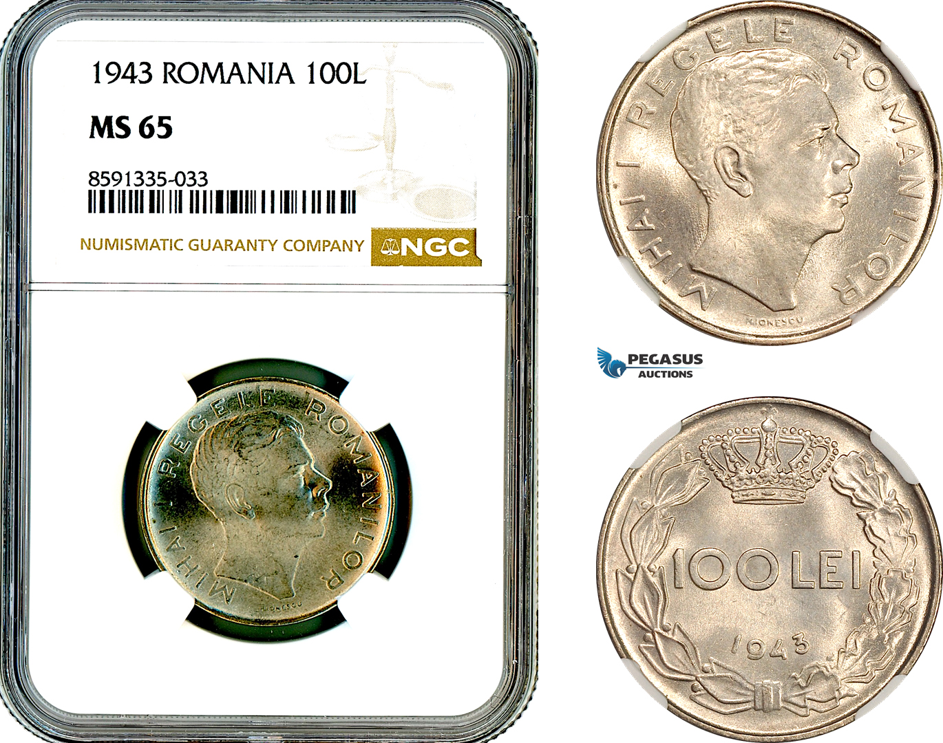 AM319, Romania, Mihai I, 100 Lei 1943, Bucharest Mint, NGC MS65