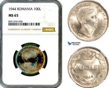AM320, Romania, Mihai I, 100 Lei 1944, Bucharest Mint, NGC MS65