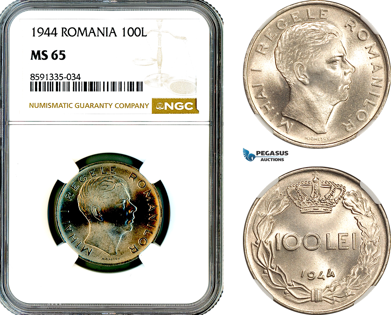 AM320, Romania, Mihai I, 100 Lei 1944, Bucharest Mint, NGC MS65