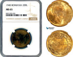 AM321, Romania, Mihai I, 200 Lei 1945, Bucharest Mint, NGC MS65
