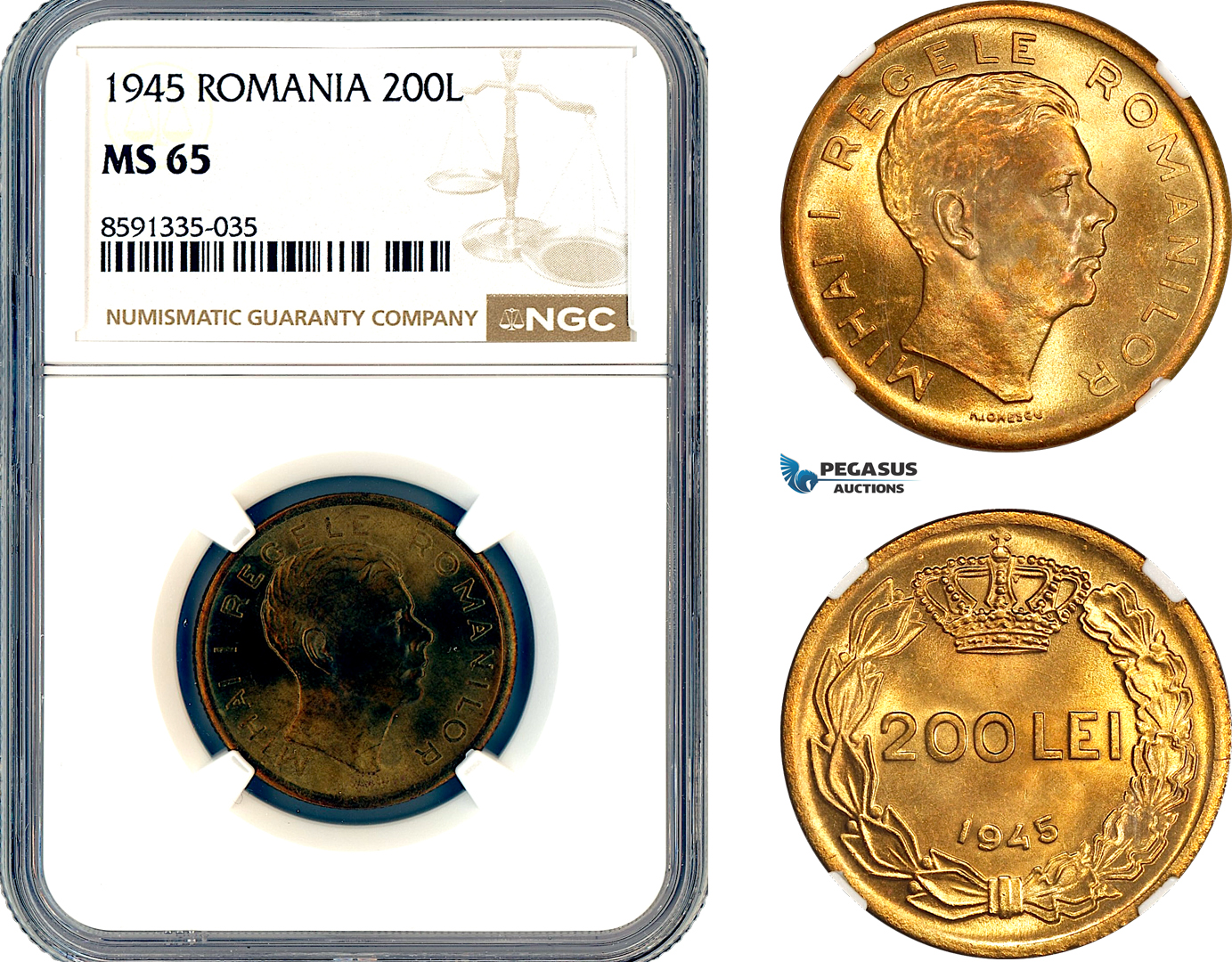 AM321, Romania, Mihai I, 200 Lei 1945, Bucharest Mint, NGC MS65