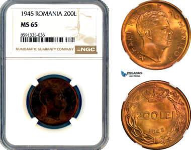AM322, Romania, Mihai I, 200 Lei 1945, Bucharest Mint, NGC MS65