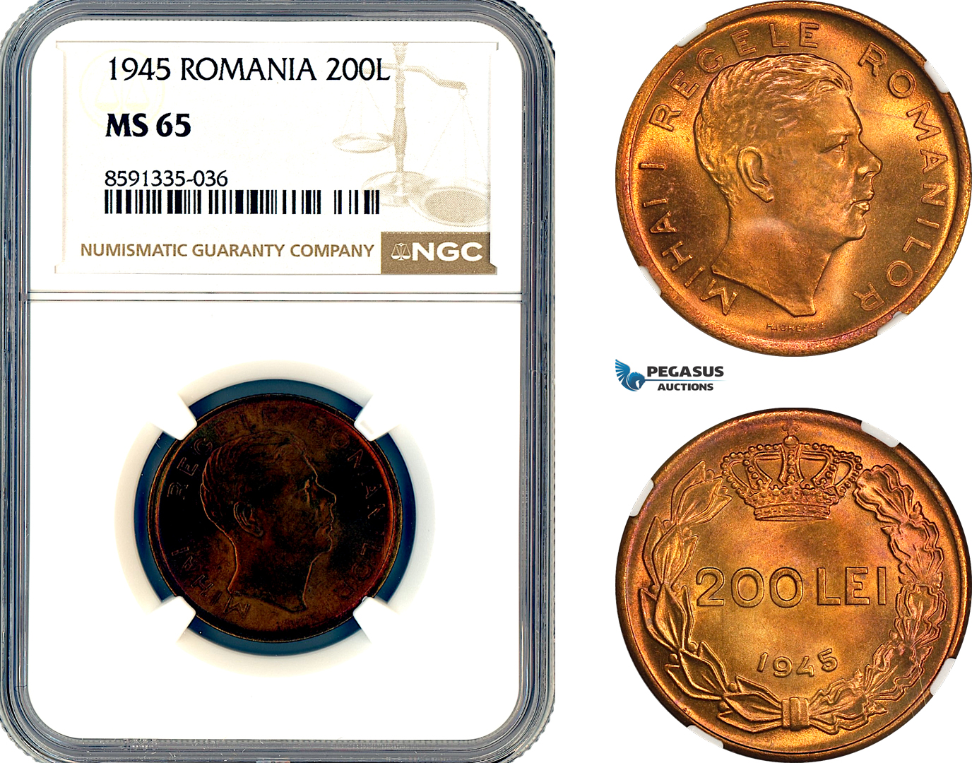 AM322, Romania, Mihai I, 200 Lei 1945, Bucharest Mint, NGC MS65