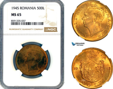 AM323, Romania, Mihai I, 500 Lei 1945, Bucharest Mint, NGC MS65
