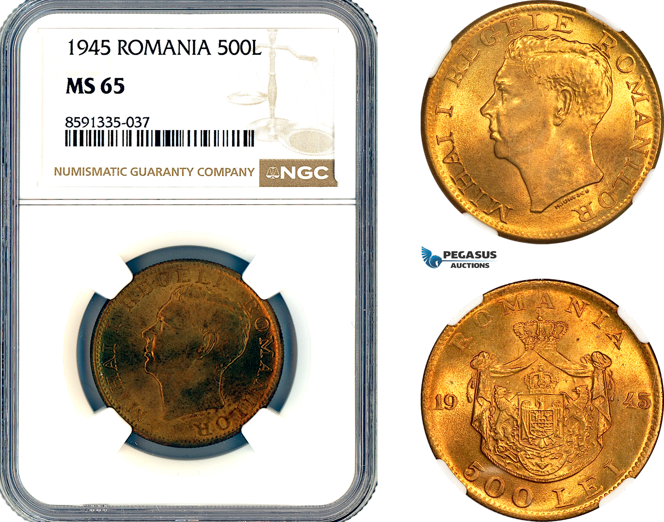AM323, Romania, Mihai I, 500 Lei 1945, Bucharest Mint, NGC MS65