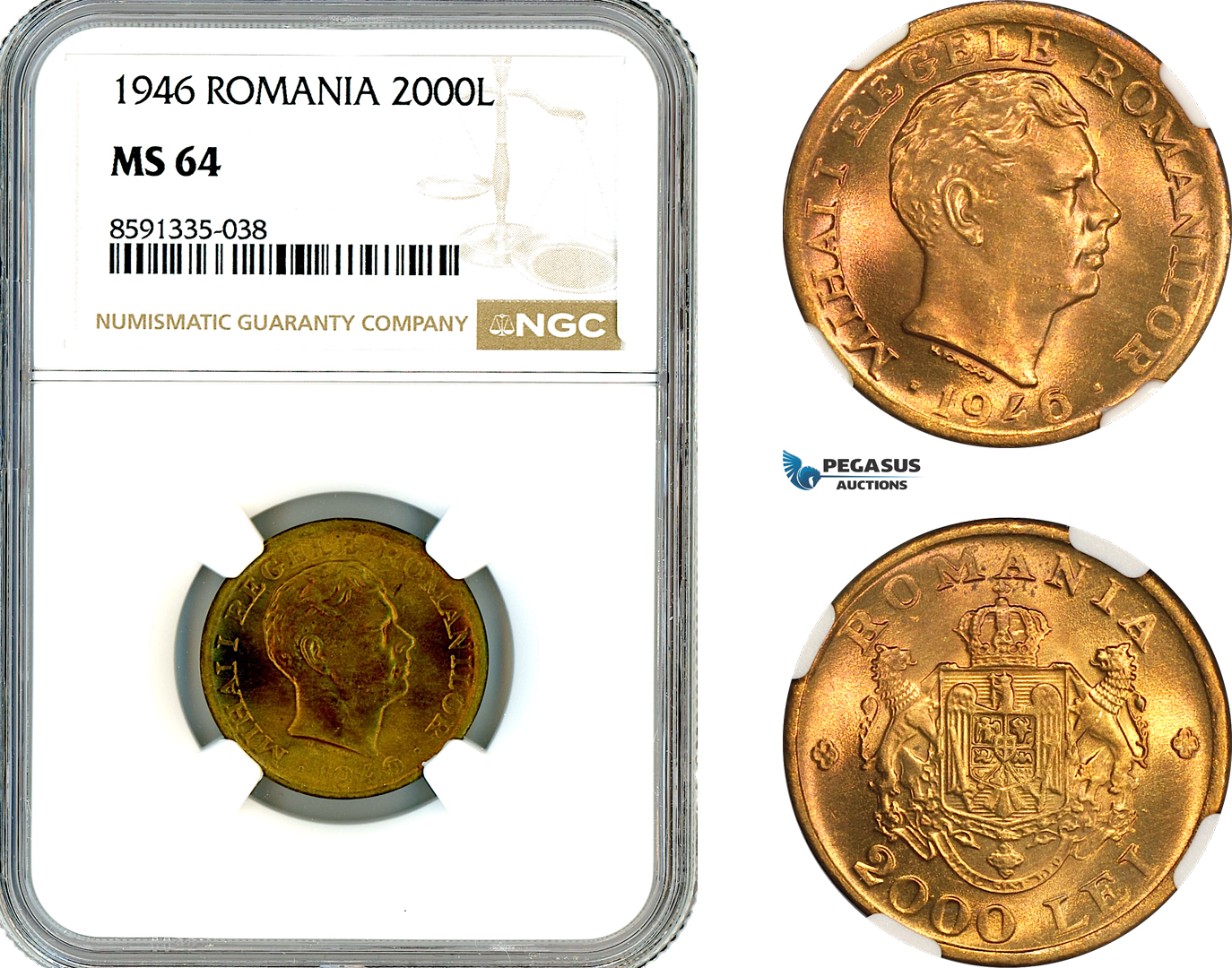 AM324, Romania, Mihai I, 2000 Lei 1946, Bucharest Mint, NGC MS64