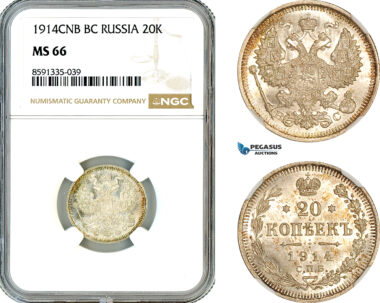 AM325, Russia, Nicholas II, 20 Kopeks 1914 СПБ BC, St. Petersburg Mint, Silver, NGC MS66