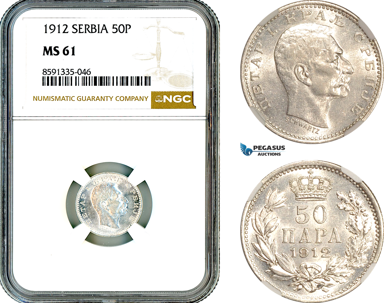 AM328, Serbia, Petar I, 50 Para 1912, Silver, NGC MS61
