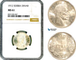 AM329, Serbia, Petar I, 1 Dinar 1912, Silver, NGC MS61