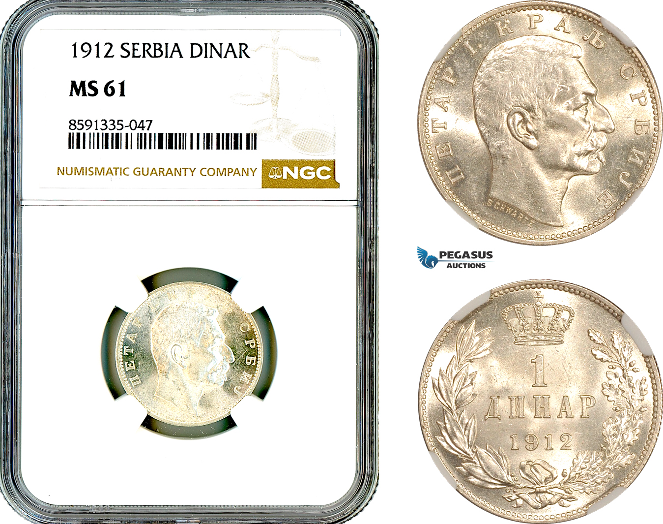 AM329, Serbia, Petar I, 1 Dinar 1912, Silver, NGC MS61