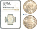AM330, Serbia, Petar I, 2 Dinara 1915, Silver, Coin Alignment, NGC MS63