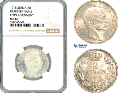 AM330, Serbia, Petar I, 2 Dinara 1915, Silver, Coin Alignment, NGC MS63