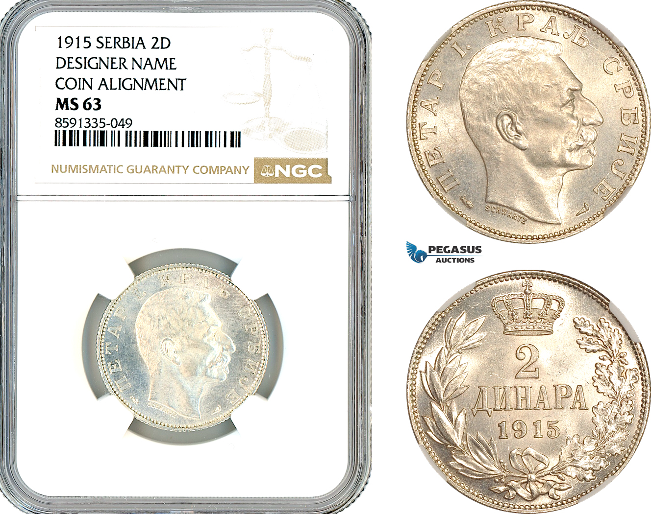 AM330, Serbia, Petar I, 2 Dinara 1915, Silver, Coin Alignment, NGC MS63