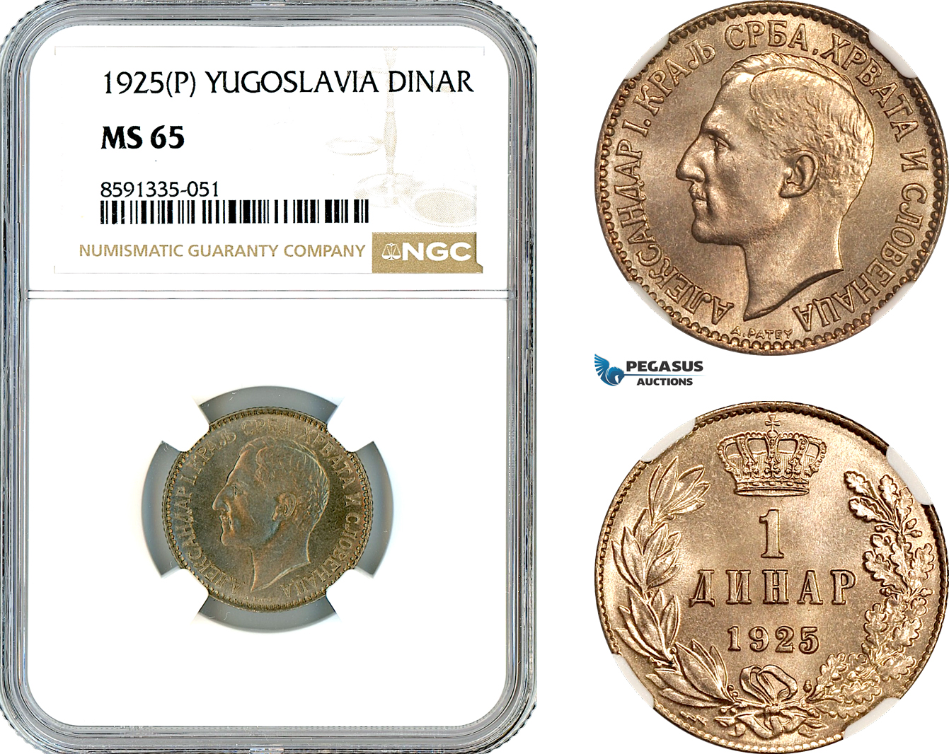 AM332, Yugoslavia, Alexander I, 1 Dinar 1925 P, Poissy Mint, NGC MS65
