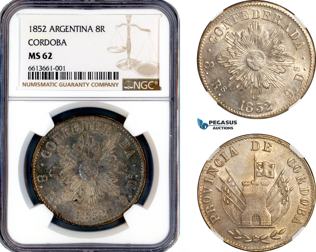 AM333, Argentina, Cordoba, 8 Reales 1852, Cordoba Mint, Silver, KM-32, Champagne toning, NGC MS62