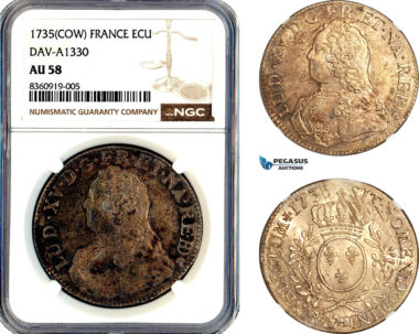 AM335, France, Louis XV, Ecu 1735 Cow, Pau Mint, Silver, Gad-321a, Champagne toning, NGC AU58
