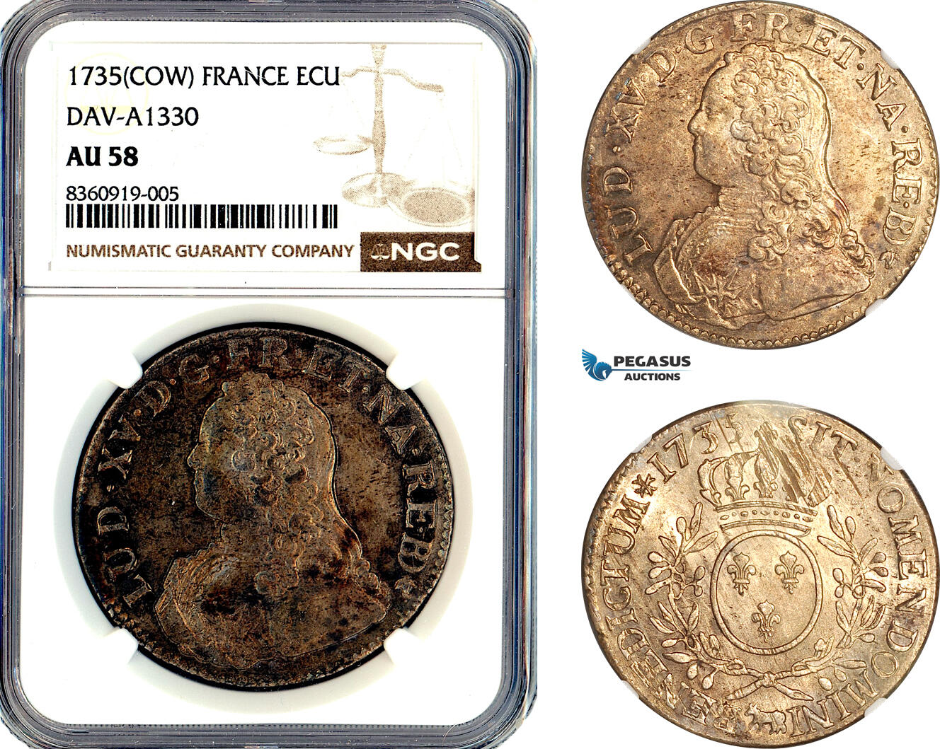 AM335, France, Louis XV, Ecu 1735 Cow, Pau Mint, Silver, Gad-321a, Champagne toning, NGC AU58