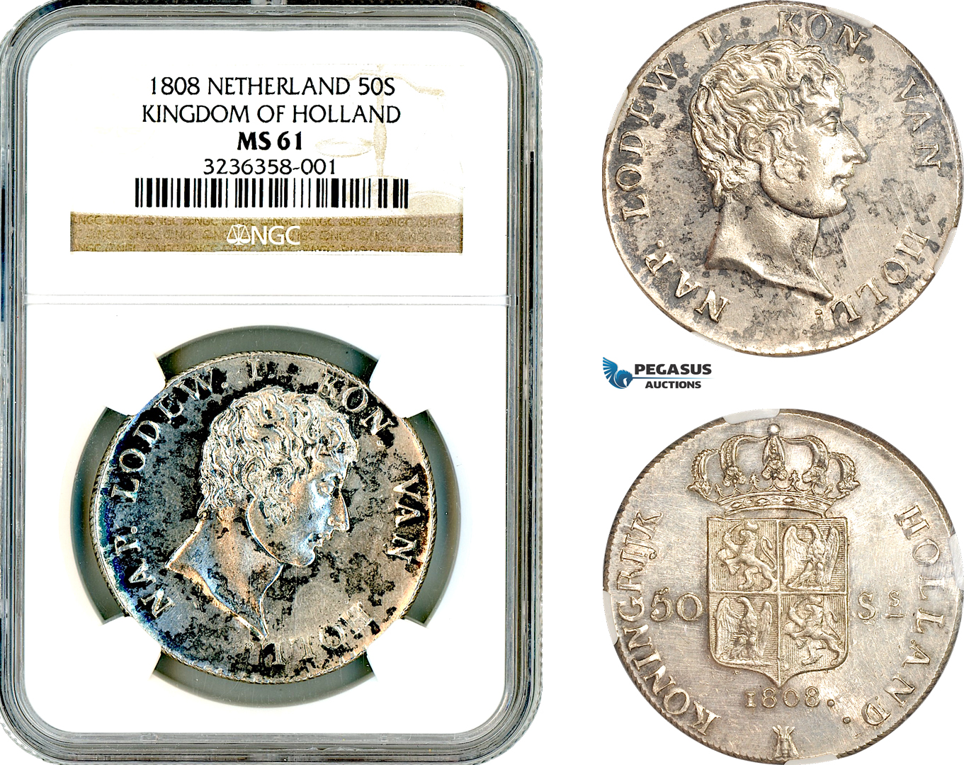AM337, Netherlands, Kingdom of Holland, Louis Napoleon Bonaparte, 50 Stuivers 1808, Utrecht Mint, Silver, NGC MS61