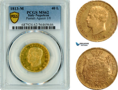 AM338, Italy, Kingdom of Napoleon, 40 Lire 1813 M, Milan Mint, Gold, PCGS MS62, Top Pop and single finest graded!