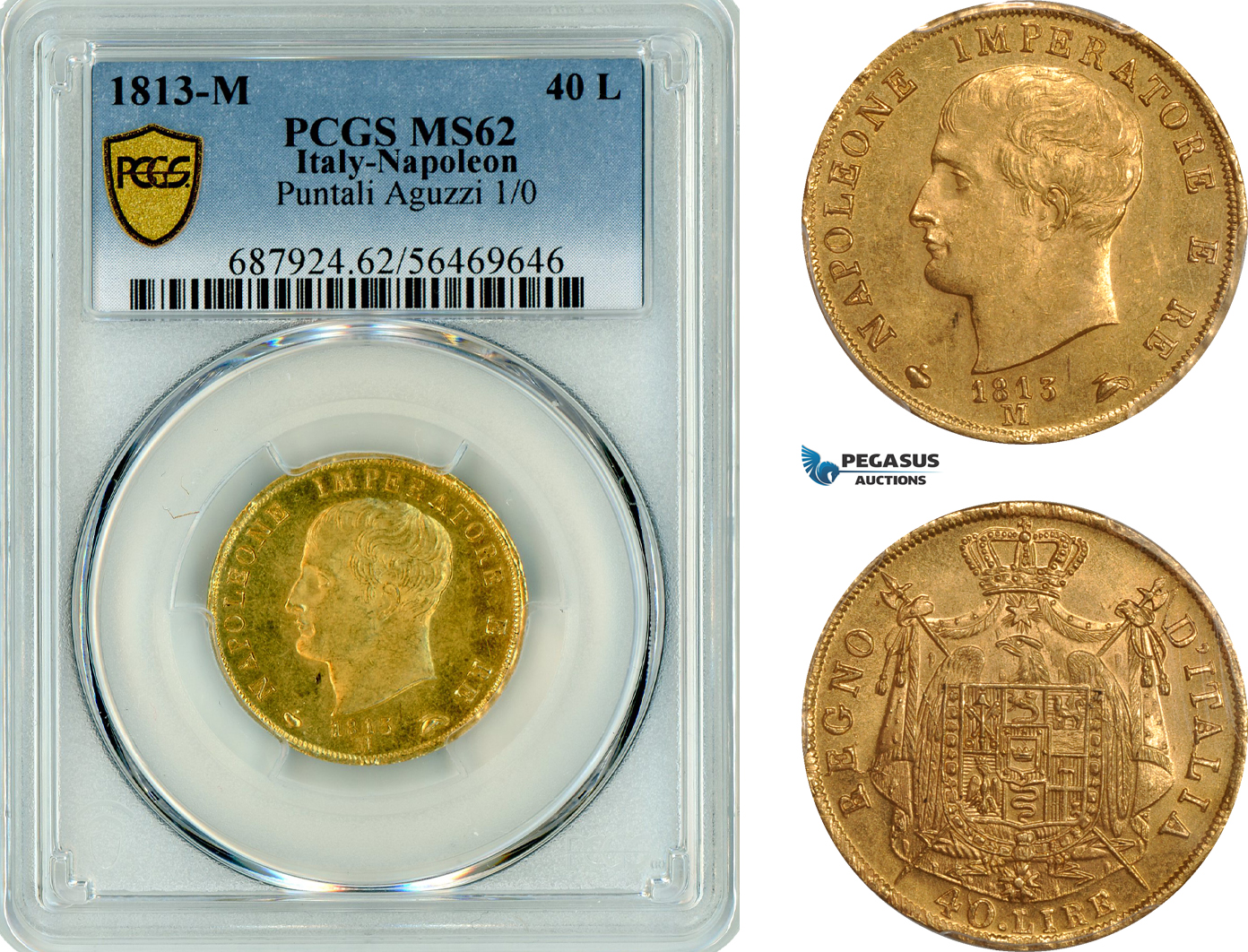 AM338, Italy, Kingdom of Napoleon, 40 Lire 1813 M, Milan Mint, Gold, PCGS MS62, Top Pop and single finest graded!