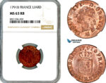 AM339, France, Louis XVI, Liard 1791 B, Rouen Mint, NGC MS63RB, Top Pop!