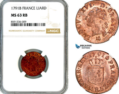 AM339, France, Louis XVI, Liard 1791 B, Rouen Mint, NGC MS63RB